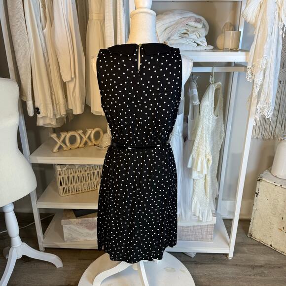 Elle sz. small, black sleeveless, polkadotted, belted fit, and flare dress #3812 - Picture 4 of 9